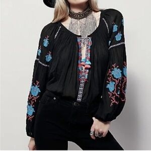 Free People Embroidered Black and Blue Boho Blouse